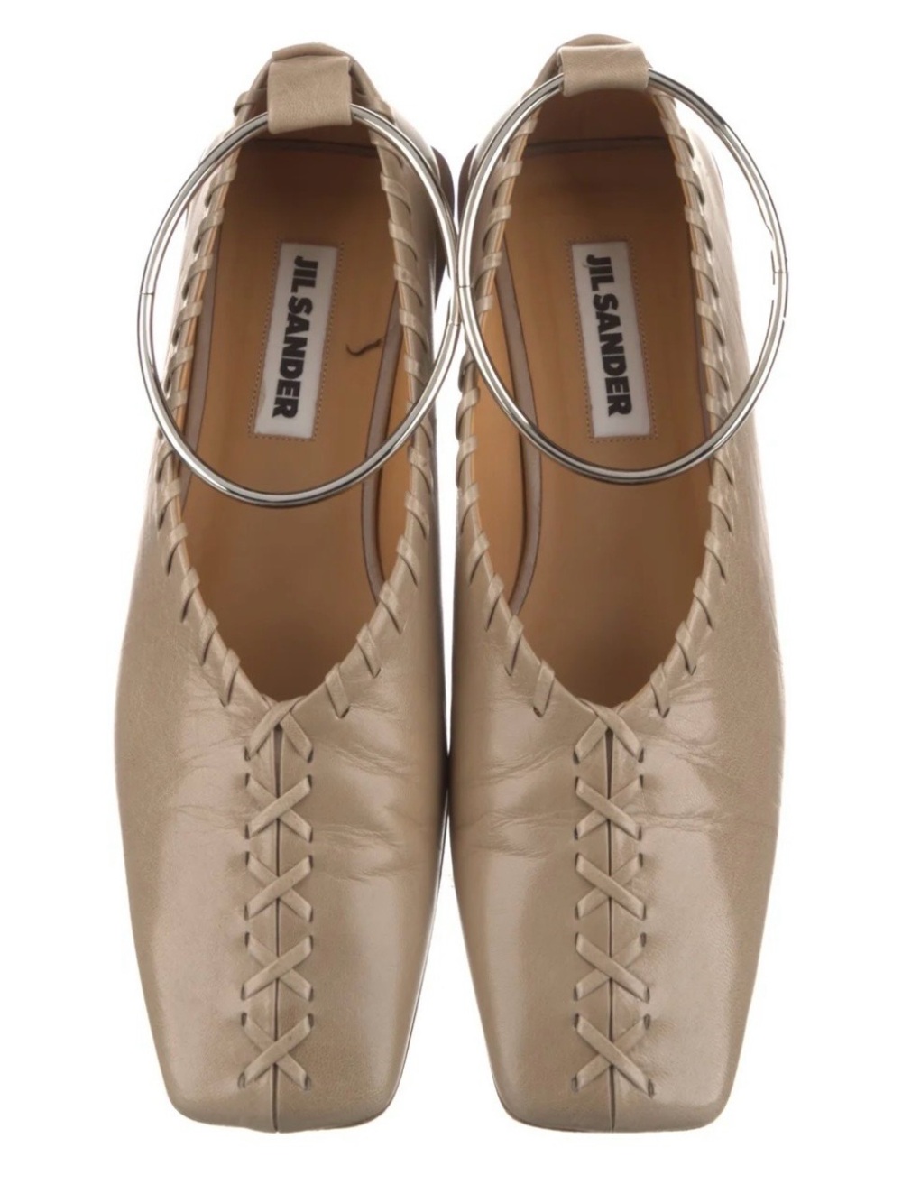 Jil Sander Beige Leather Square-Toe Ballet Flats with Hoop Ankle Strap